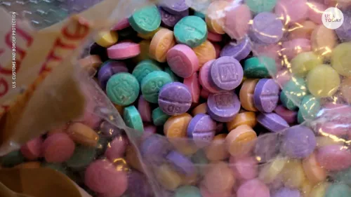 A bag of brightly colored pills.